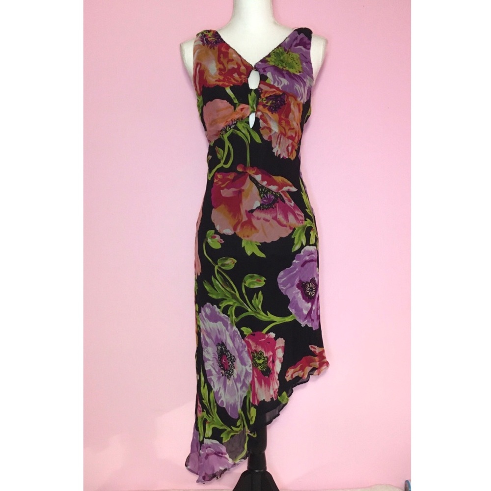 90s Vintage Lolette Black Floral Asymmetrical Strapless Midi Dress